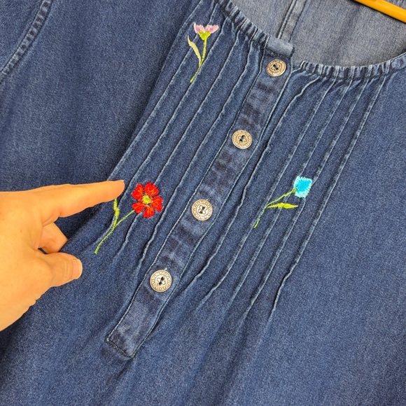 Chambray Dress Womens 2X Blue Jean Embroidered Floral Short Sleeve Prairie Midi - Picture 6 of 13